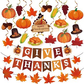 42 pc Thanksgiving Decor Set 'Give Thanks' Banner, Fall Hanging Swirls & Garland for Home