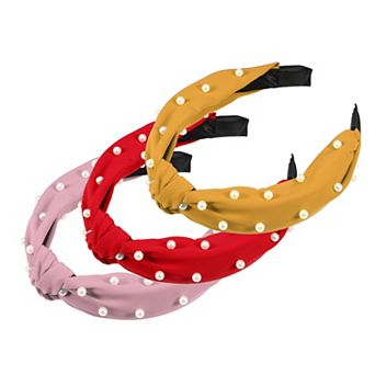 3 pc Satin Knotted Pearl Headbands for Women 1.1 Inch Wide
