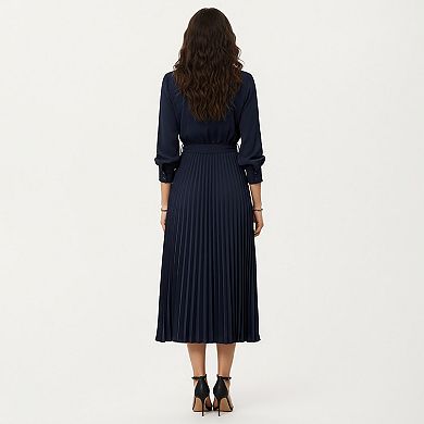 Women’s Long Sleeve Dress with Pleated Skirt Structured Wrap Front Collar Detail and Belted Waist