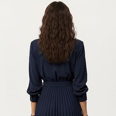 Women’s Long Sleeve Dress with Pleated Skirt Structured Wrap Front Collar Detail and Belted Waist
