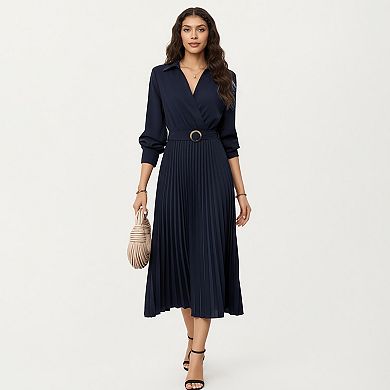 Women’s Long Sleeve Dress with Pleated Skirt Structured Wrap Front Collar Detail and Belted Waist