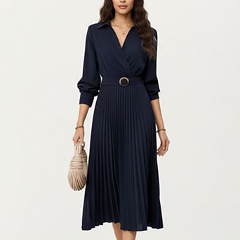 Women’s Long Sleeve Dress with Pleated Skirt Structured Wrap Front Collar Detail and Belted Waist