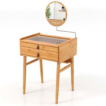 Costway Makeup Vanity Table with Adjustable Mirror Bamboo Dressing Table 2 Drawers