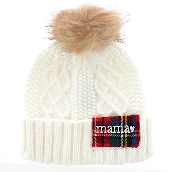 David & Young Women's Plaid Mama Patch Winter Beanie Knit Hat with Pom