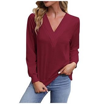 Women's V - Neck Long Sleeve Blouse, Stylish Design Casual Pullover Top for Office, Daily Wear
