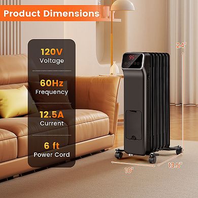 1500W Oil-Filled Radiator Heater with Remote, 3 Modes & 24H Timer - Black