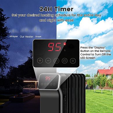 1500W Oil-Filled Radiator Heater with Remote, 3 Modes & 24H Timer - Black