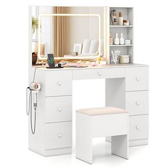 Costway Vanity Desk with Mirror & Lights Makeup Table with Power Outlets & 7 Drawers