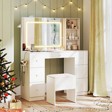 Costway Vanity Desk with Mirror & Lights Makeup Table with Power Outlets & 7 Drawers