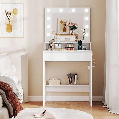 Costway Vanity Desk with Mirror and Lights with 3 Light Modes & Adjustable Brightness White