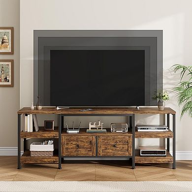 Industrial TV Stand with 2 Drawers & Open Shelves, Rustic Metal Frame Media Console
