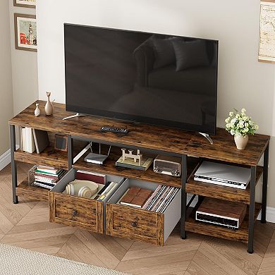 Industrial TV Stand with 2 Drawers & Open Shelves, Rustic Metal Frame Media Console