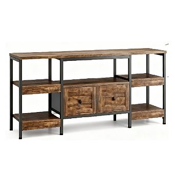 Industrial TV Stand with 2 Drawers & Open Shelves, Rustic Metal Frame Media Console