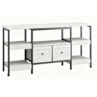 Industrial TV Stand with 2 Drawers & Open Shelves, Rustic Metal Frame Media Console