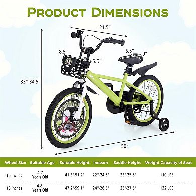 16/18 Inch Kids Bike Adjustable with Detachable Training Wheels for 4-8 Years Old