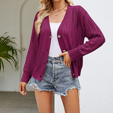 Womens Crochet Long Sleeve Cardigan Lightweight V Neck Button Down Loose Knit Sweater
