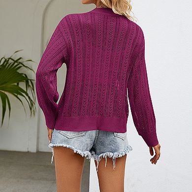 Womens Crochet Long Sleeve Cardigan Lightweight V Neck Button Down Loose Knit Sweater