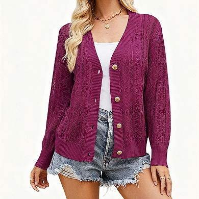 Womens Crochet Long Sleeve Cardigan Lightweight V Neck Button Down Loose Knit Sweater