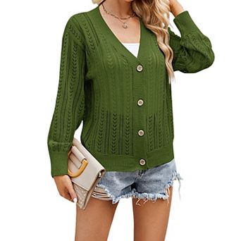 Womens Crochet Long Sleeve Cardigan Lightweight V Neck Button Down Loose Knit Sweater
