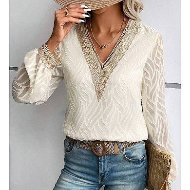 Women's Long Sleeve Lace Jacquard Shirt Summer Fall V Neck Top Casual Elegant Work Office Blouse