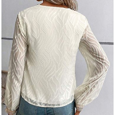 Women's Long Sleeve Lace Jacquard Shirt Summer Fall V Neck Top Casual Elegant Work Office Blouse