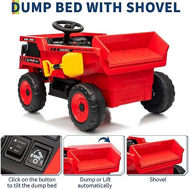 12V Kids Ride-On Dump Truck w/ Remote, Electric Dump Bed & Shovel, Bluetooth Music, LED Lights