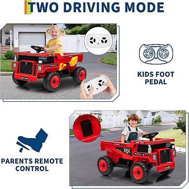 12V Kids Ride-On Dump Truck w/ Remote, Electric Dump Bed & Shovel, Bluetooth Music, LED Lights
