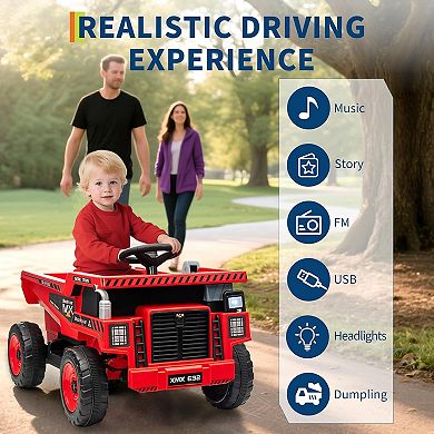 12V Kids Ride-On Dump Truck w/ Remote, Electric Dump Bed & Shovel, Bluetooth Music, LED Lights