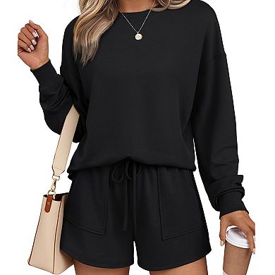 Women's Two Piece Outfit Casual Long Sleeve Crewneck Sweatshirt & Drawstring Waist Shorts Set