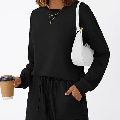 Women's Two Piece Outfit Casual Long Sleeve Crewneck Sweatshirt & Drawstring Waist Shorts Set
