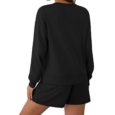 Women's Two Piece Outfit Casual Long Sleeve Crewneck Sweatshirt & Drawstring Waist Shorts Set