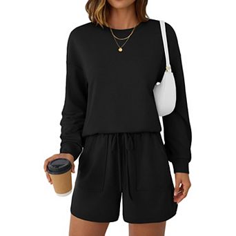 Women's Two Piece Outfit Casual Long Sleeve Crewneck Sweatshirt & Drawstring Waist Shorts Set
