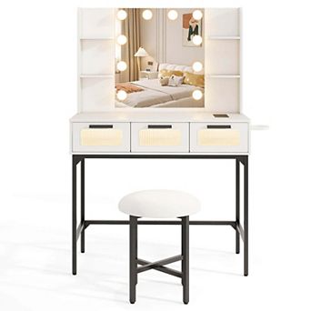 Costway Makeup Vanity Desk with Hollywood Mirror & Lights 3-Color Induction Lighting