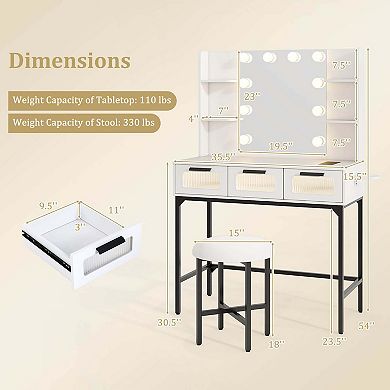 Costway Makeup Vanity Desk with Hollywood Mirror & Lights 3-Color Induction Lighting