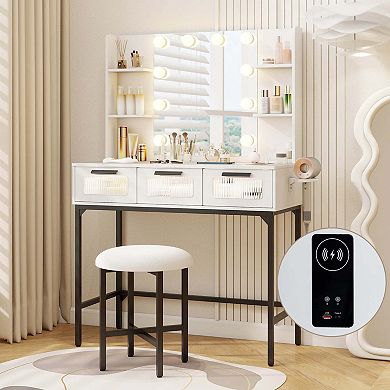Costway Makeup Vanity Desk with Hollywood Mirror & Lights 3-Color Induction Lighting