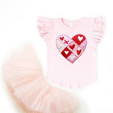 Heart Stitching Patchwork Print - Flutter Sleeve Graphic T-Shirt