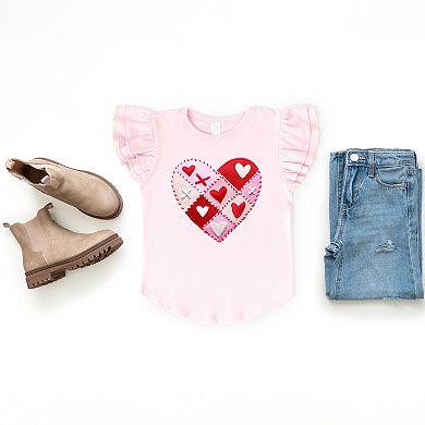 Heart Stitching Patchwork Print - Flutter Sleeve Graphic T-Shirt