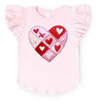 Heart Stitching Patchwork Print - Flutter Sleeve Graphic T-Shirt