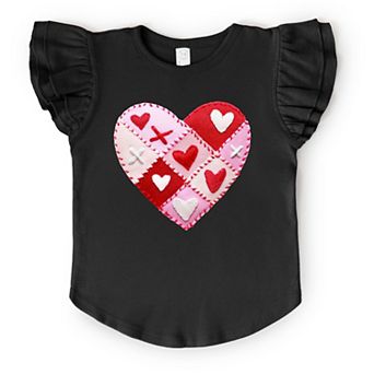 Heart Stitching Patchwork Print - Flutter Sleeve Graphic T-Shirt