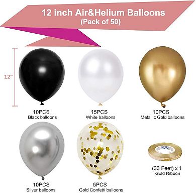 50Pcs Black Gold Silver Balloons Metallic & Confetti Party Decorations