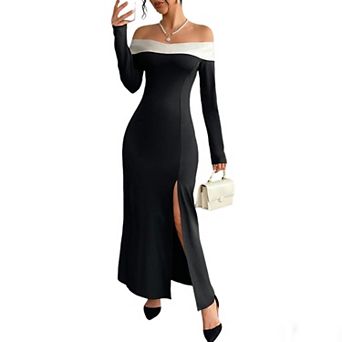 Women Fall Elegant Off The Shoulder Color Block Maxi Dress Long Sleeve Slit Casual Formal Long Dress