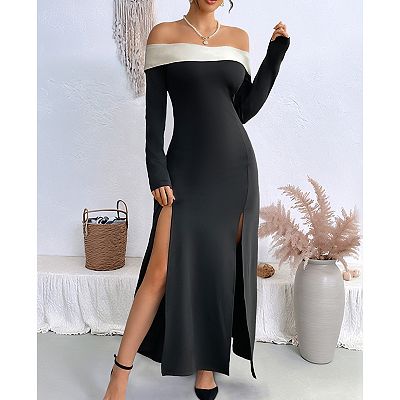 Women Fall Elegant Off The Shoulder Color Block Maxi Dress Long Sleeve Slit  Casual Formal Long Dress