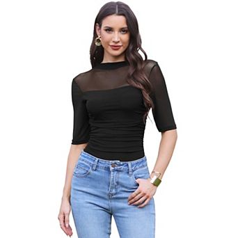 Mesh Jumpsuit for Women's Party See Through Ruched Slim Fit Half Sleeve Club Corset