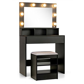 Costway Vanity Table Set with Lighted Mirror 8 LED Bulbs Large Drawer Cushion Stool