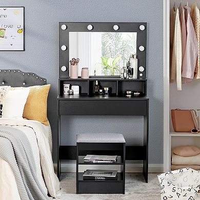 Costway Vanity Table Set with Lighted Mirror 8 LED Bulbs Large Drawer Cushion Stool