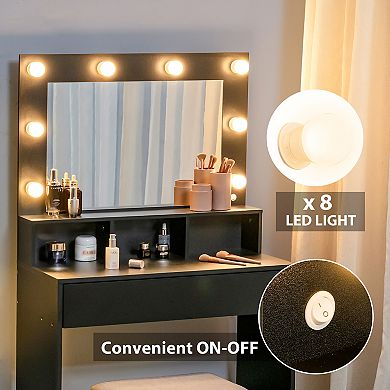 Costway Vanity Table Set with Lighted Mirror 8 LED Bulbs Large Drawer Cushion Stool