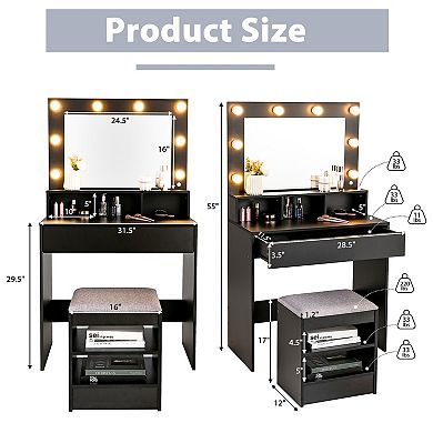 Costway Vanity Table Set with Lighted Mirror 8 LED Bulbs Large Drawer Cushion Stool