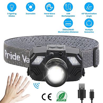 Motion Sensor LED Headlamp Zoomable, Waterproof Flashlight with 3 Modes for Outdoor