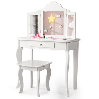 Costway Kid Vanity Table Set with Tri-folding Mirror 2-in-1 Makeup Dressing Table Stool Set