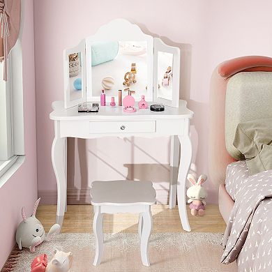 Costway Kid Vanity Table Set with Tri-folding Mirror 2-in-1 Makeup Dressing Table Stool Set